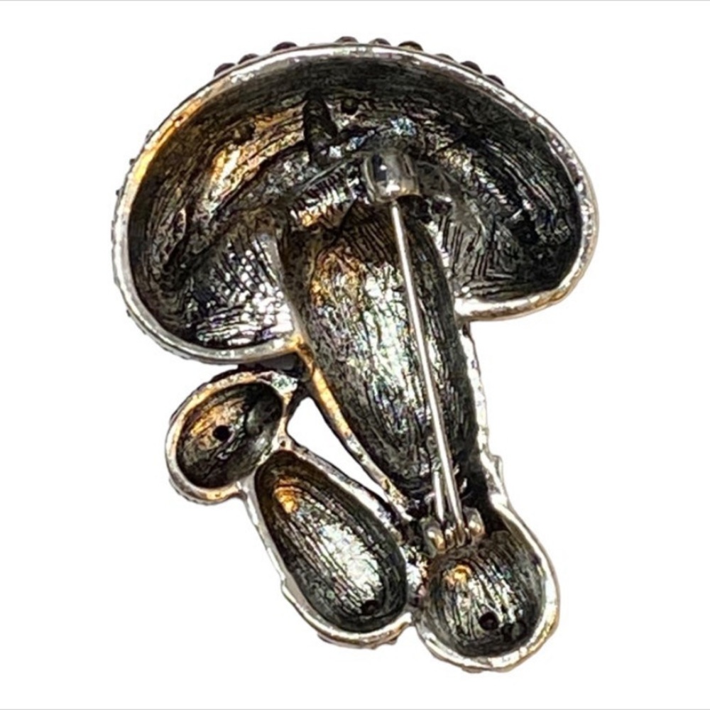 Mushroom Brooch Green Rhinestones Silver Tone Pin - Picture 3 of 3